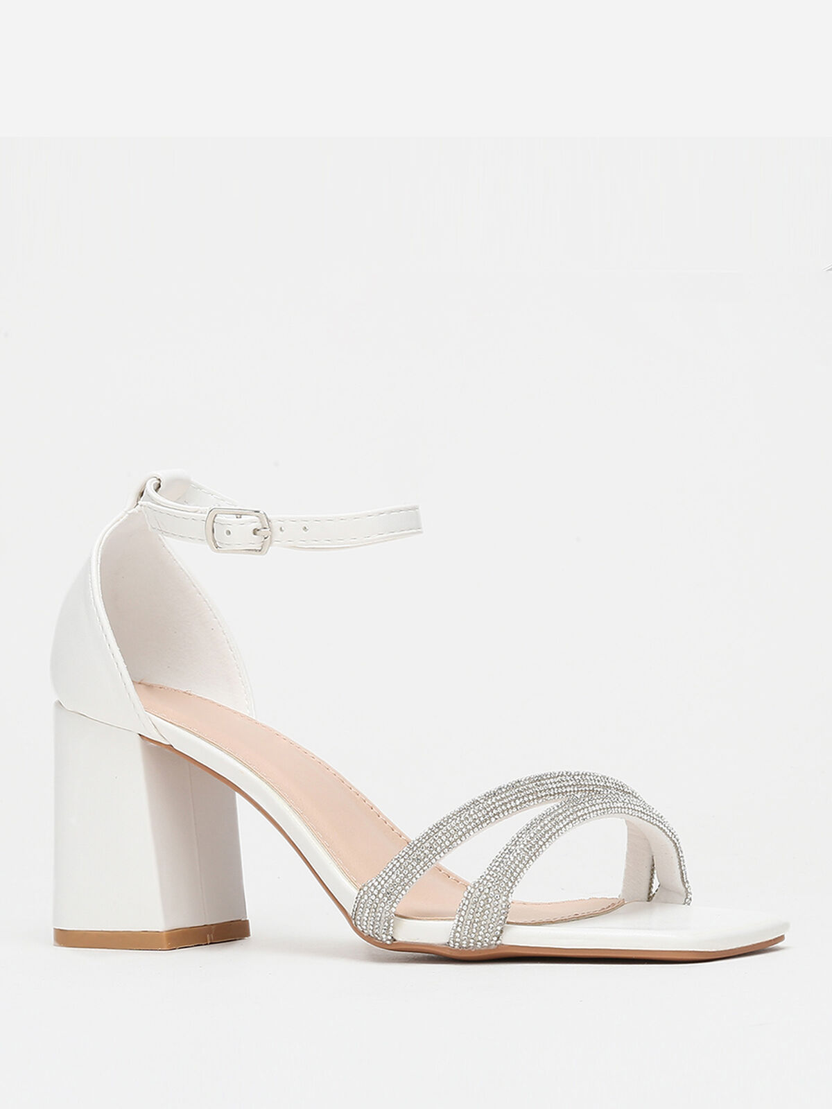 Sandales blanches à bout carré et brides strass Blanc- Blanc