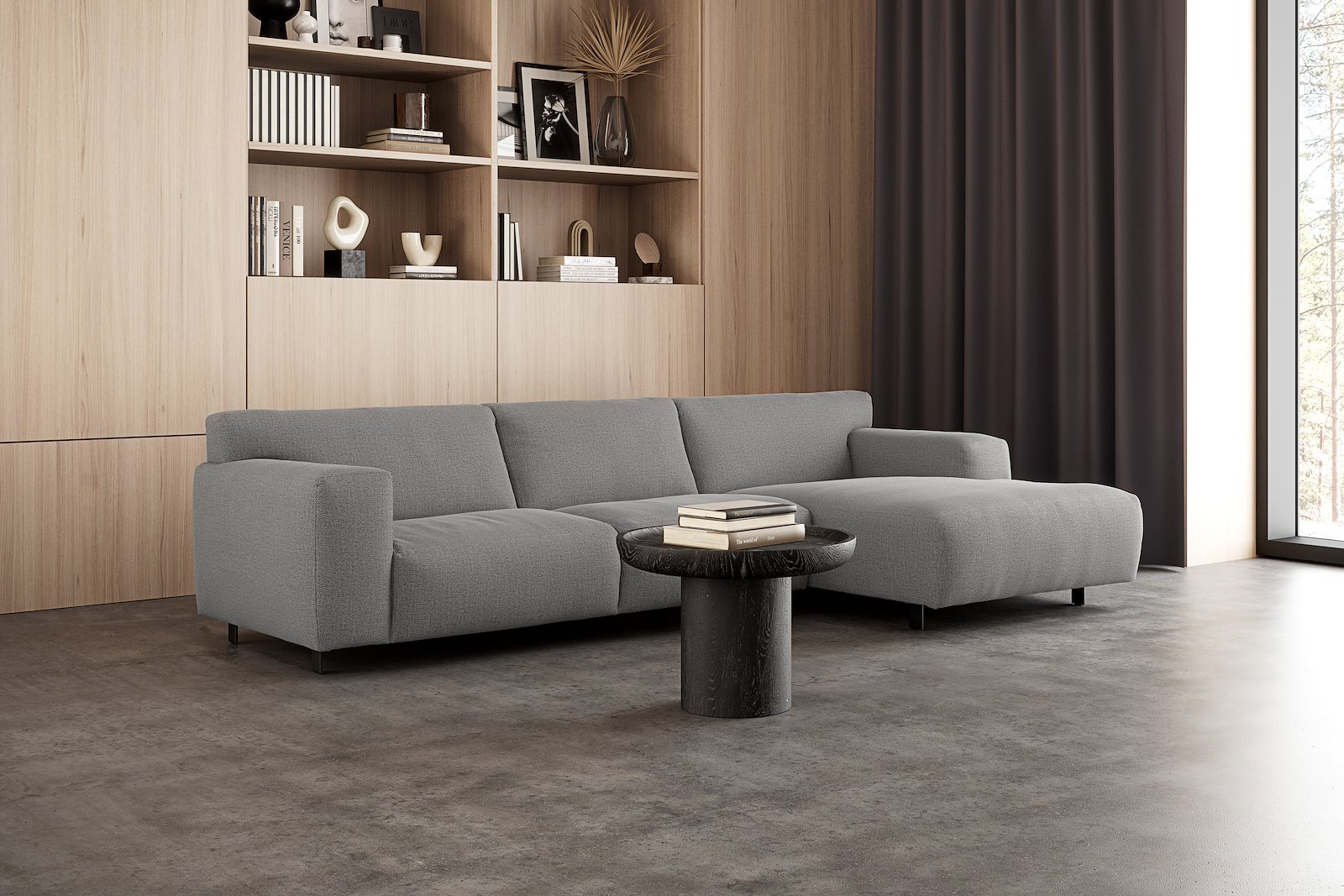 Vesta 2,5-seter med sjeselong høyre I Tekstil Marsel Light grey, standardsøm, sort metallben 10 cm, Comfort CM