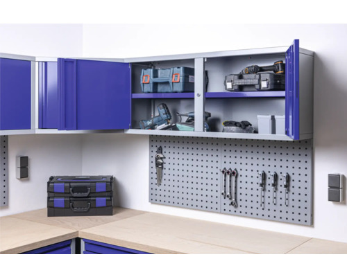 Industriële wandkast 1180 x 438 x 299 mm, 1 dubbele deur, 1 legplank, grijs/blauw