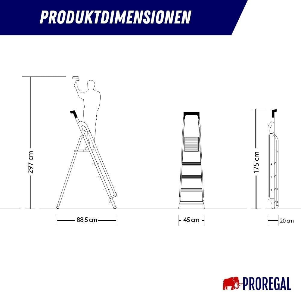 PROREGAL Trapladder met gereedschapsplank en leuning Economy Basic Enkelzijdige toegang 5 treden Werkhoogte 2,97 m Draagvermogen 150 kg