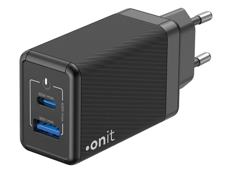 onit USB-Wandladegerät Dual QC4  65 W GaN Schwarz Ladeadapter mit einem USB-C- und einem USB-A-Port