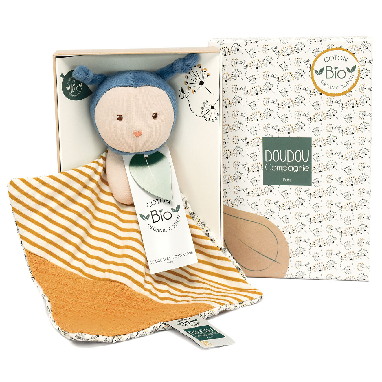 Doudou et Compagnie Doudou bébé Pollen l'abeille bio (modèle aléatoire) - 20x5 cm