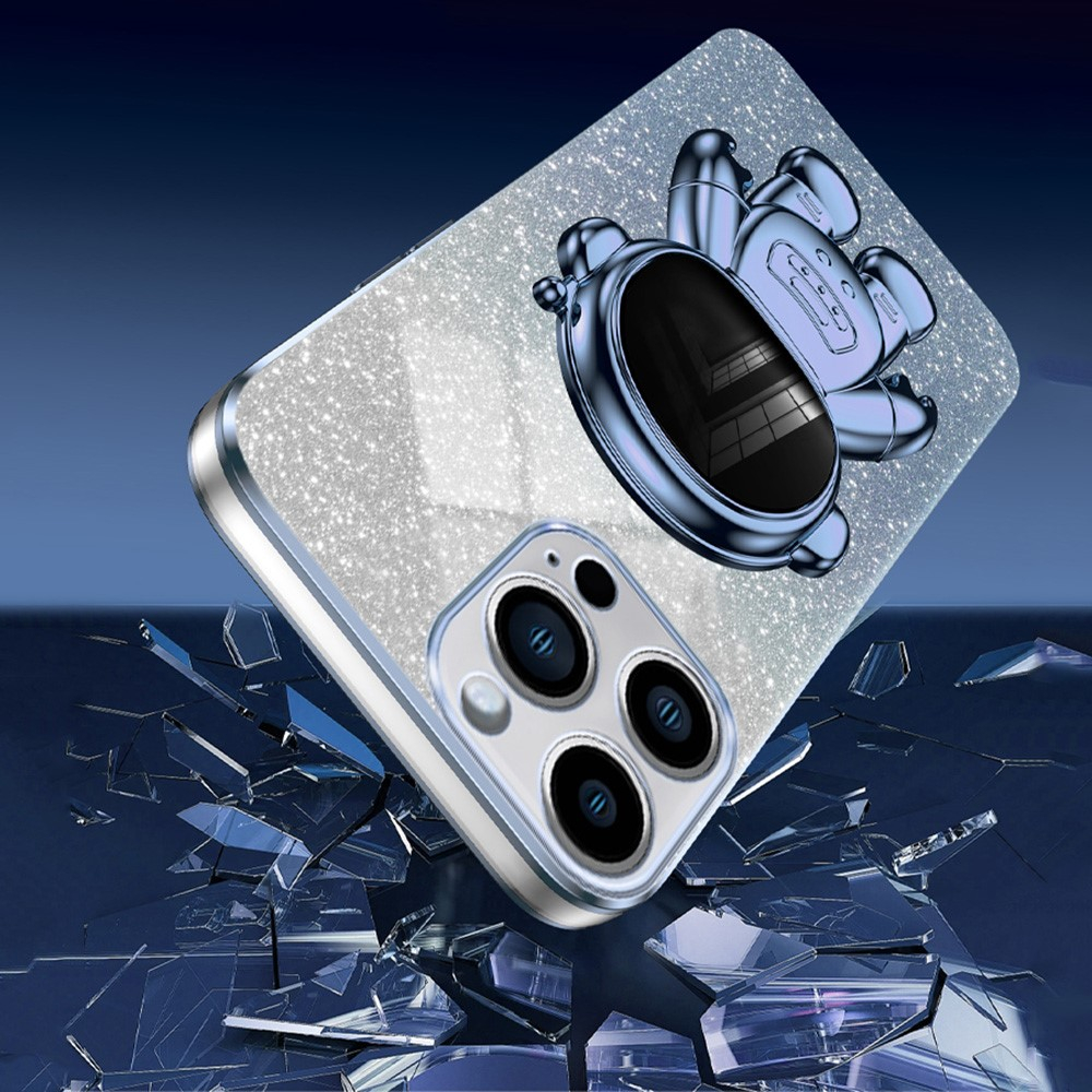 iPhone 14 Pro Max Hybrid Hardcase Glitzer Hülle   Astronauten Kickstand Aufsteller   Kameraschutz - Blau / Silber