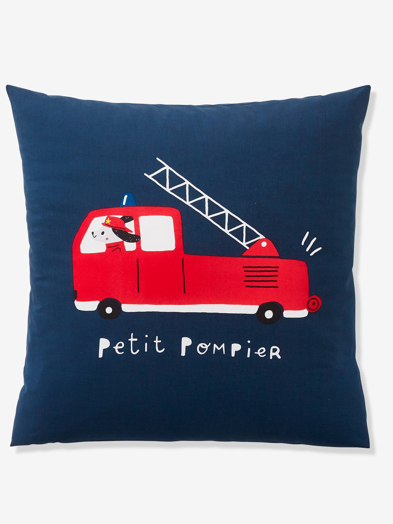 Conjunto infantil Petit Pompier com capa de edredom e fronha em azul escuro liso com motivos.