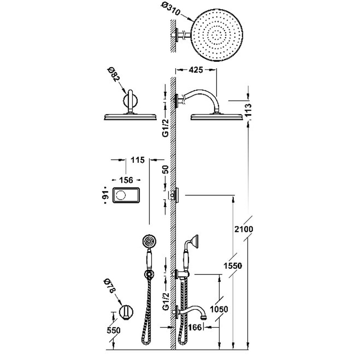 Tres Shower Technology Clasic elektronische inbouwthermostaat met regendouche en baduitloop wandmontage goud