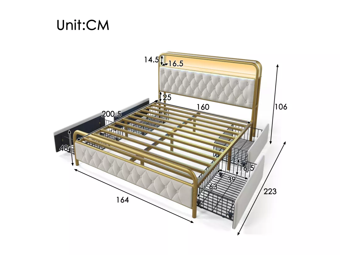 Lit 160x200cm avec tiroirs + LED + Ports de recharge - rembourré en velours - avec sommier en métal - Beige