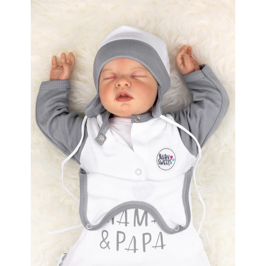 Baby Sweets 3tlg Set Strampler + Shirt + Mütze I love Mama & Papa weiß grau