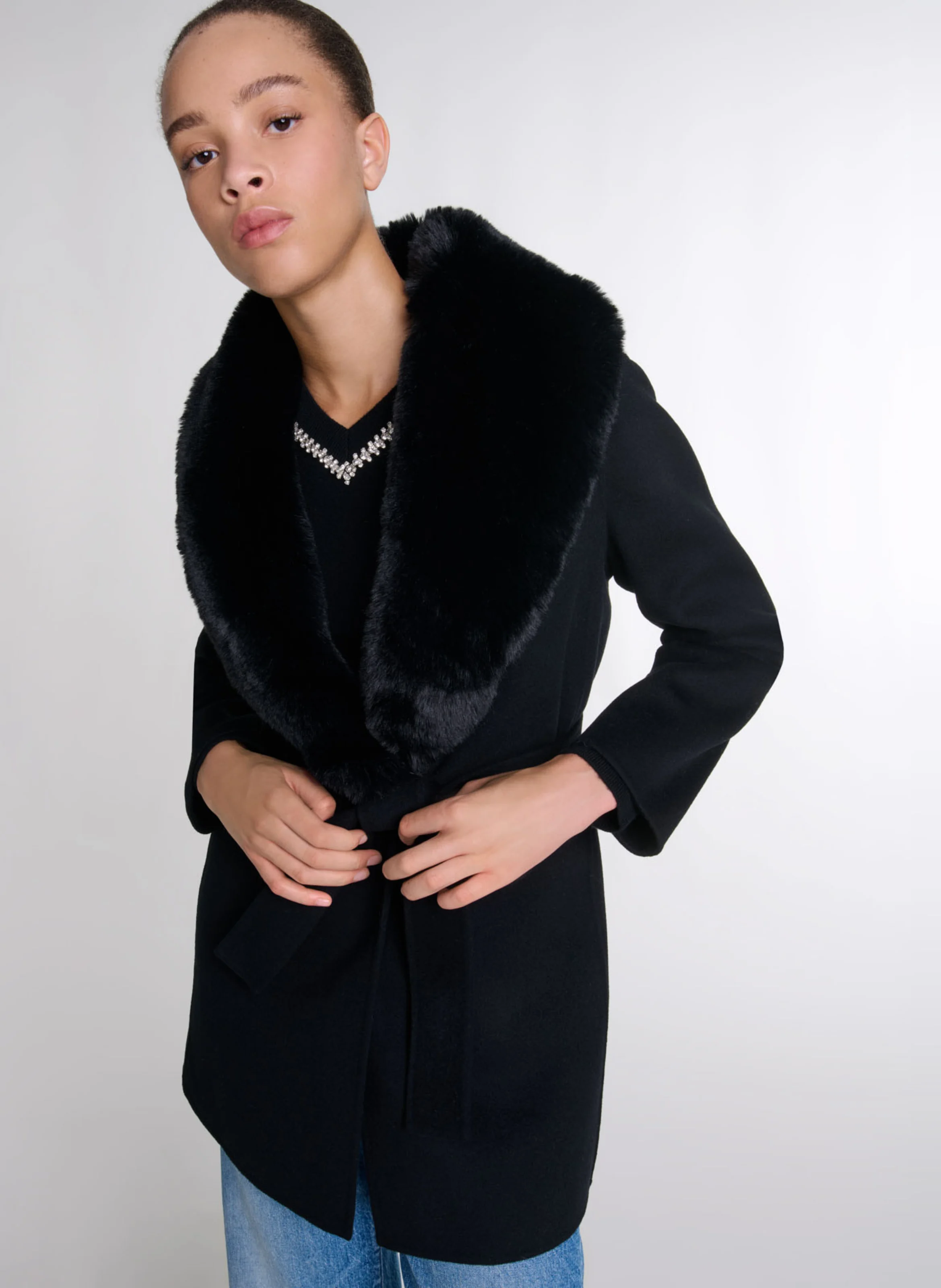 Manteau col effet fourrure en laine mélangée | Noir