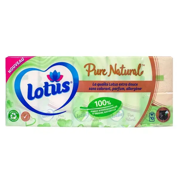 Lenços de papel naturais Lotus Pure, 10 pacotes com 10 lenços cada.
