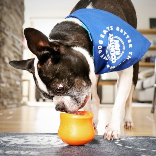 Brinquedo dispensador de petiscos laranja Zogoflex Toppl da West Paw Design para cães