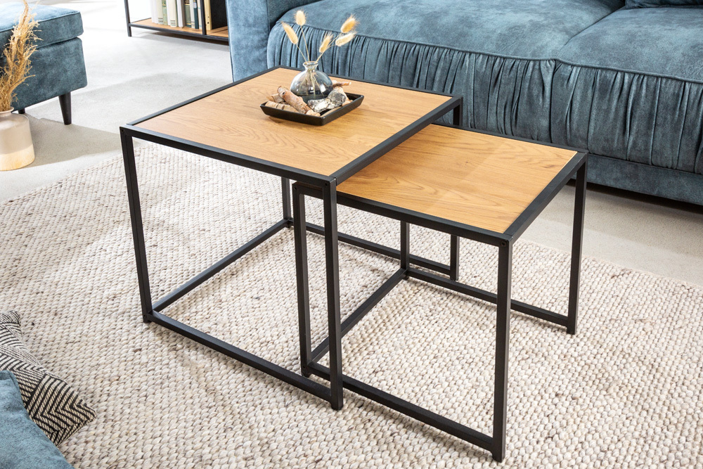 Design Beistelltische 2er Set SLIM LINE 50cm Wildeiche schwarz Industrial Stil