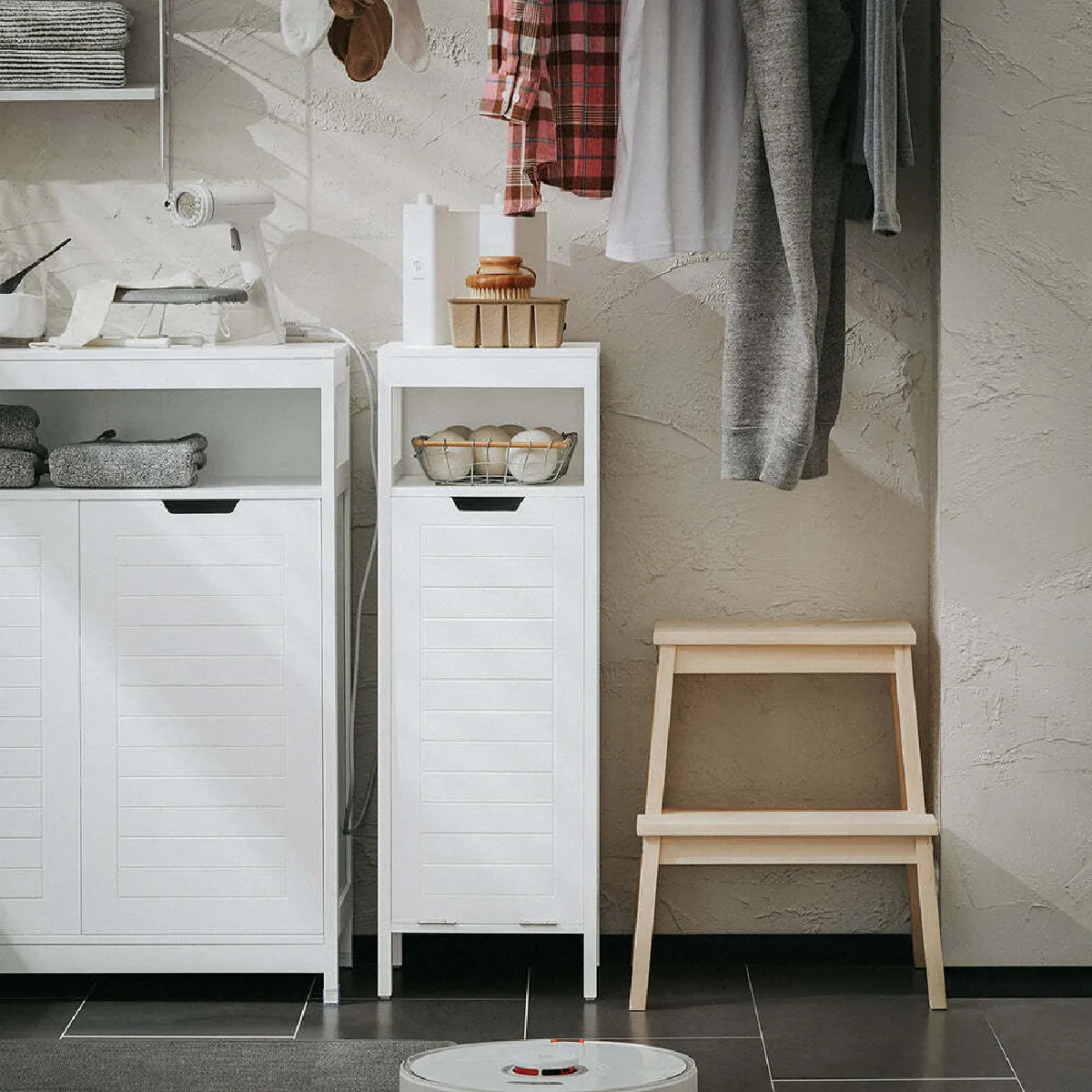 sobuy Meuble Bas Salle de Bain avec Corbeille à Linge