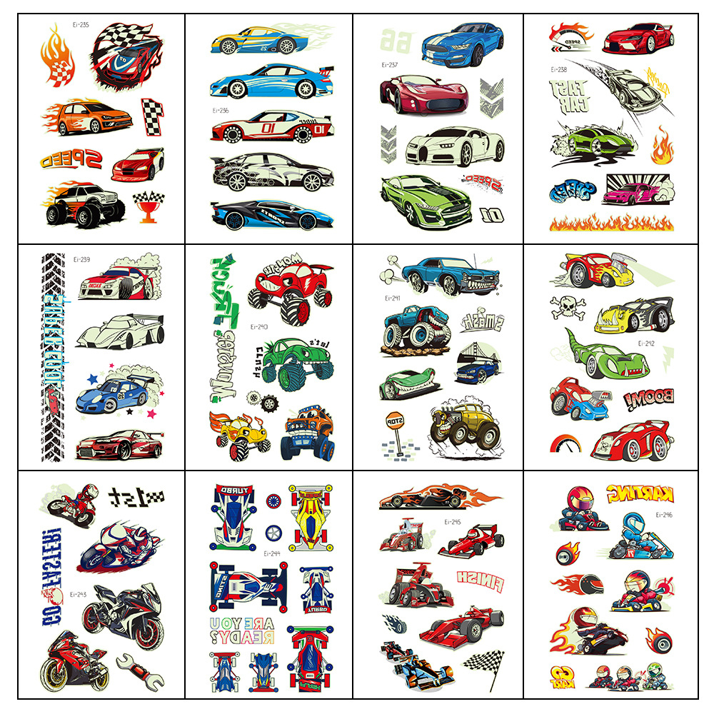 (80er Set) Kinder Klebetattoos Renn Auto Aufkleber Glow in the Dark Temporär Tattoo Haut Sticker - Auto