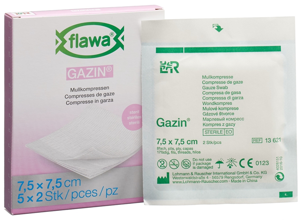 FLAWA Gazin Mullkompressen<br>5 × 2 Stück, 7.5x7.5cm, steril