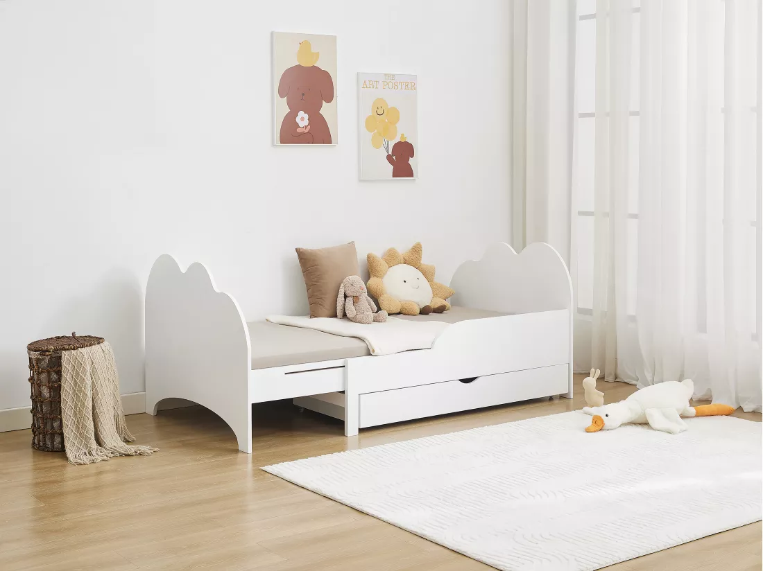 Lit évolutif 90 x 140/170/200 cm avec tiroir - Pin et MDF - Blanc + Matelas - TEONIA