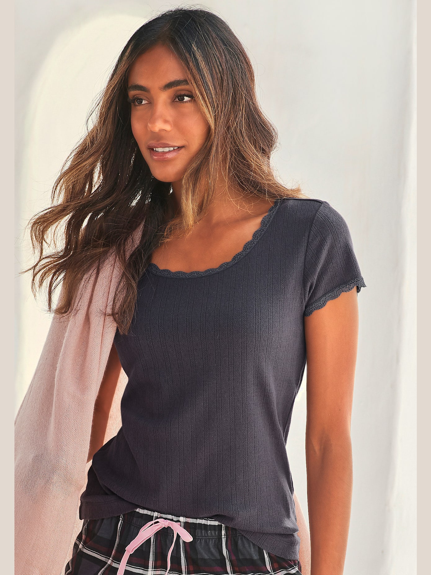 Haut de pyjama t-shirt de nuit fantaisie à manches courtes en tricot jacquard
