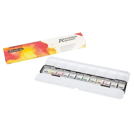 Schmincke Aquarellfarben Akademie 12 1/2 Metall(Ein-Schienen-Metallkasten)
