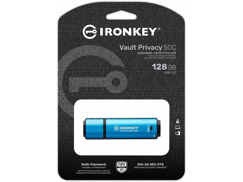 Kingston USB-Stick IronKey Vault Privacy 50C 128 GB XTS-AES 256-Bit verschlüsselter USB-Stick mit 128 GB Speicherkapazität