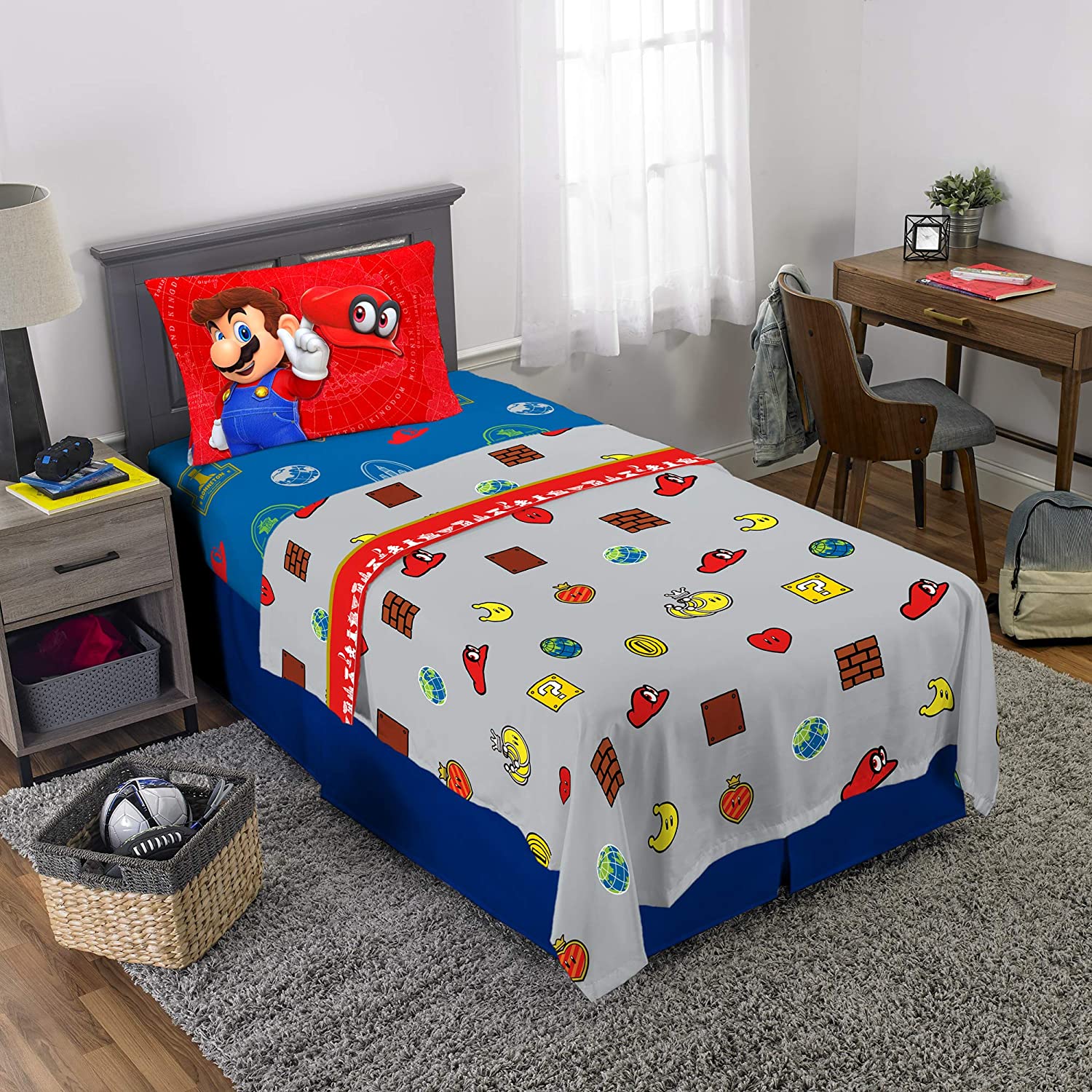 Twin Super Mario 3-Piece Bed Sheet Set.1 Flat Sheet 1 Fitted Sheet 1 Pillow Cases