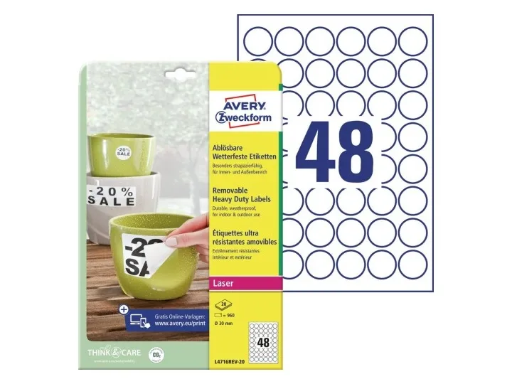 Etiketter Avery Ø30mm hvid stærke - (20 ark x 48 stk.)