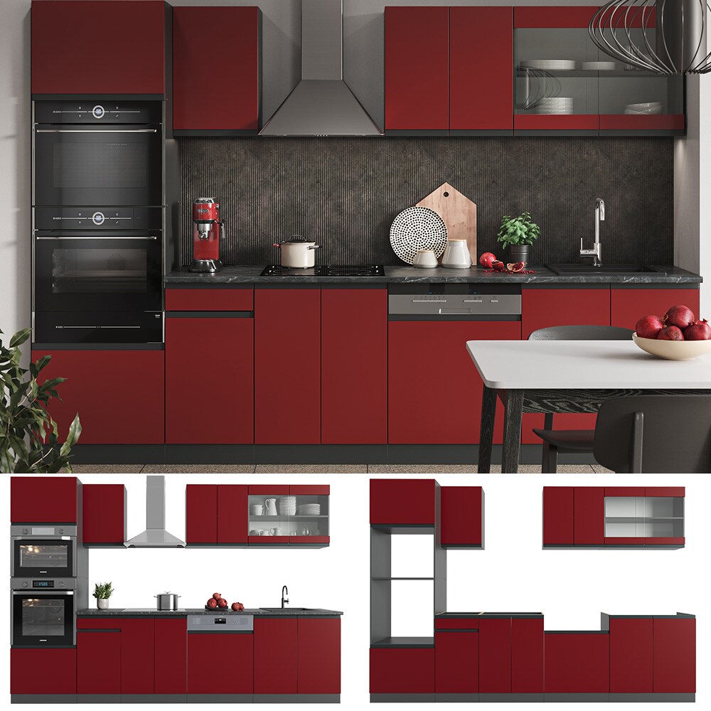 Vicco Küchenzeile Küchenblock Einbauküche R-Line J-Shape Anthrazit Rot 300 cm modern Küchenschränke Küchenmöbel