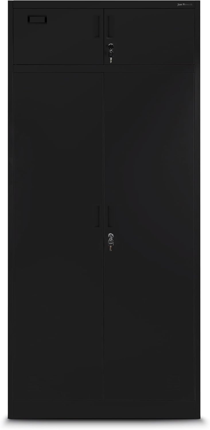 Jan Nowak Aktenschrank, Mehrzweckschrank, Spind Schrank | Geheimfach, 2 Schubladen, 4 Fachböden, Mit Kleiderstange, Spiegel, Pulverbeschichtet, Abschließbar, Metall | 185 cm x 90 cm x 50 cm Schwarz