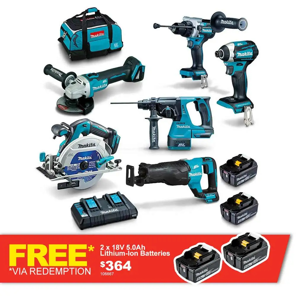 Makita 18V Brushless 6-Piece Set 2 X 5.0AH Combination Kit DLX6109TX1