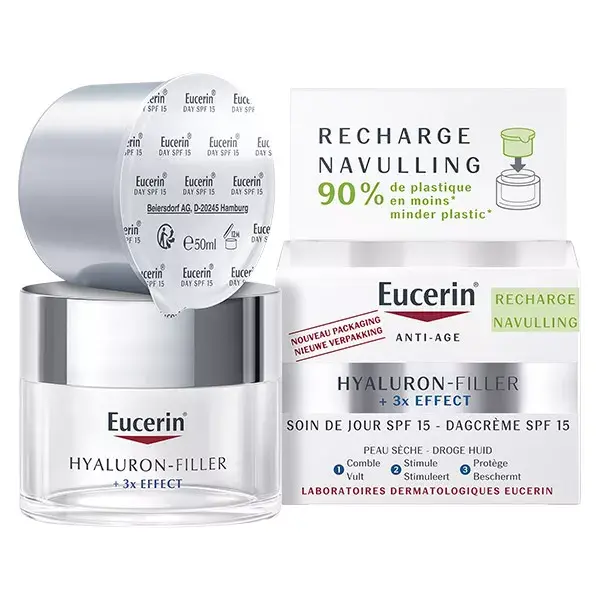 Eucerin Hyaluron-Filler + 3x Effect Soin de Jour Peau Sèche SPF15 et Son Éco-Recharge