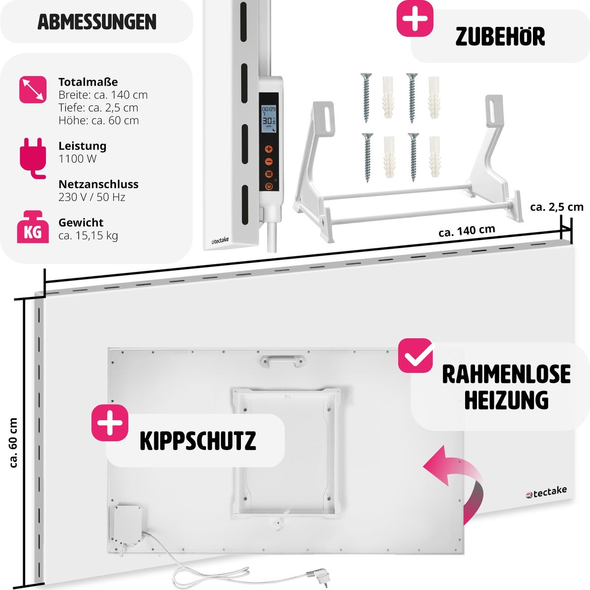 tectake frameloze hybride infraroodstraler met thermostaat, eenvoudige wand- of plafondmontage, standaard inbegrepen