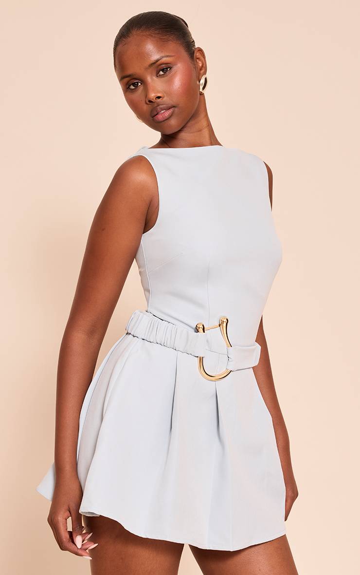 Bleu Poudré Robe Droite Plissée À Détail Ceinture Tissée