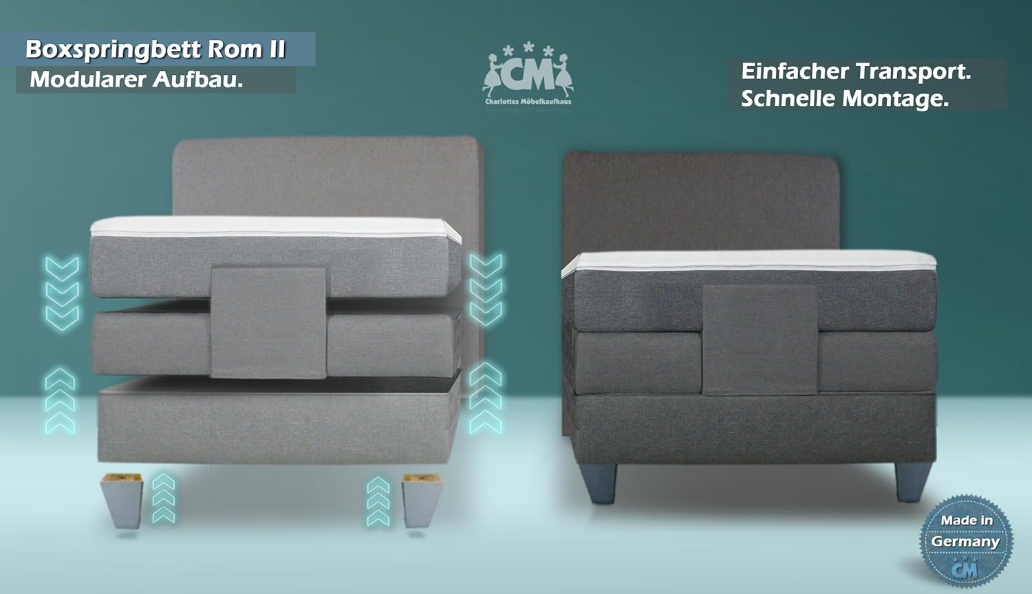 Boxspringbett ROM II elektrisch verstellbar 100x200 cm Echtes Boxspringbett mit Doppelunterfederung Härtegrad H2 H3 H4. Qualität Made in Germany. (100 x 200 cm)