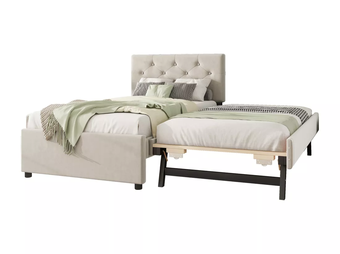 Lit simple 90x200cm en velours - avec un lit gigogne - avec sommier à lattes - Beige (matelas non inclus)
