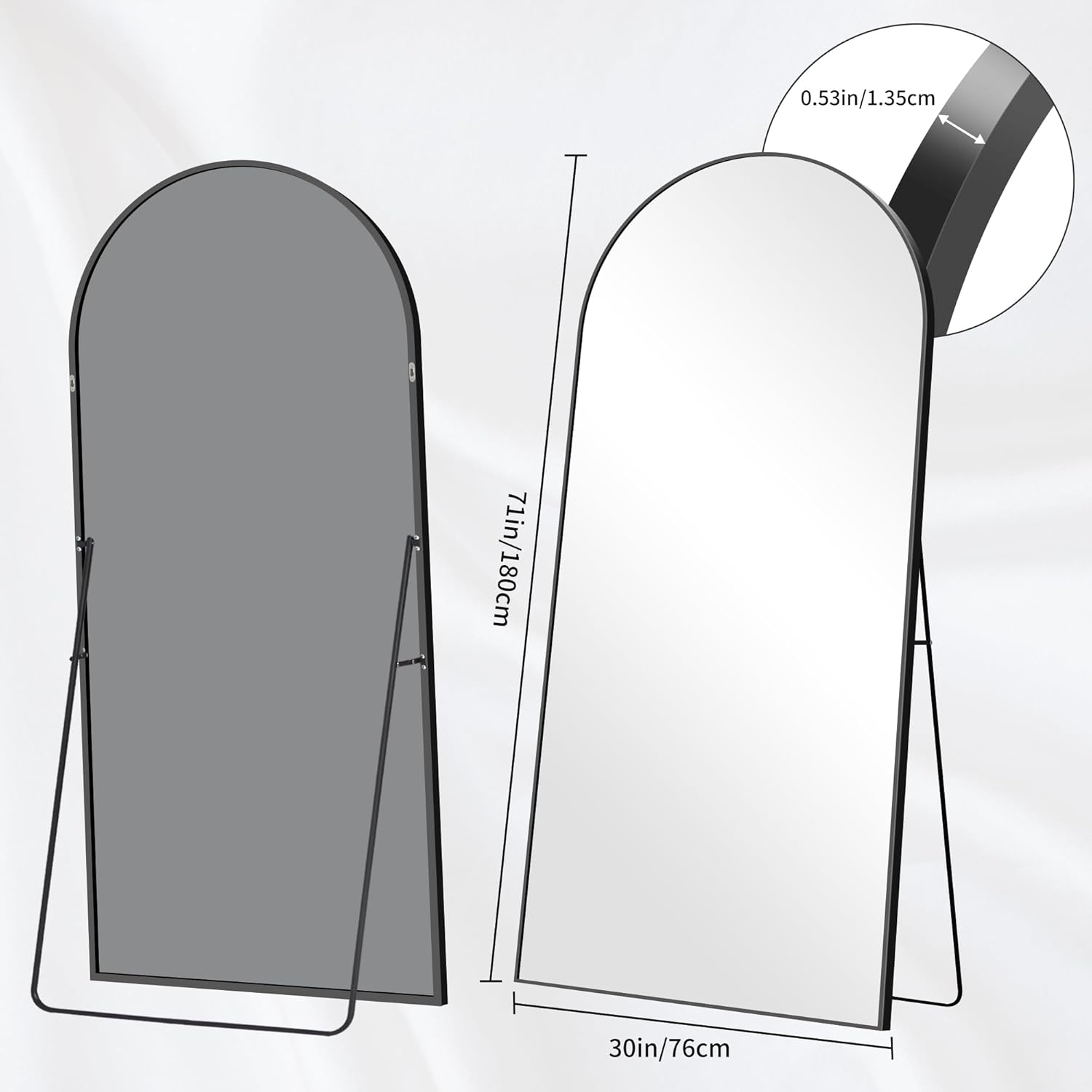BONEWEI Ganzkörperspiegel 179x65cm, Bogen Standspiegel Ganzkörperspiegel mit Schwarzer Aluminiumrahmen, Groß Gewölbter Wandspiegel zum Stehen, Anlehnen oder Hängen für Wohnzimmer Schlafzimmer Flur
