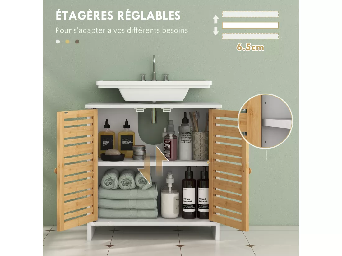 Meuble sous vasque style cosy naturel - 2 portes, étagère - dim. 60L x 30l x 60H cm - blanc bambou