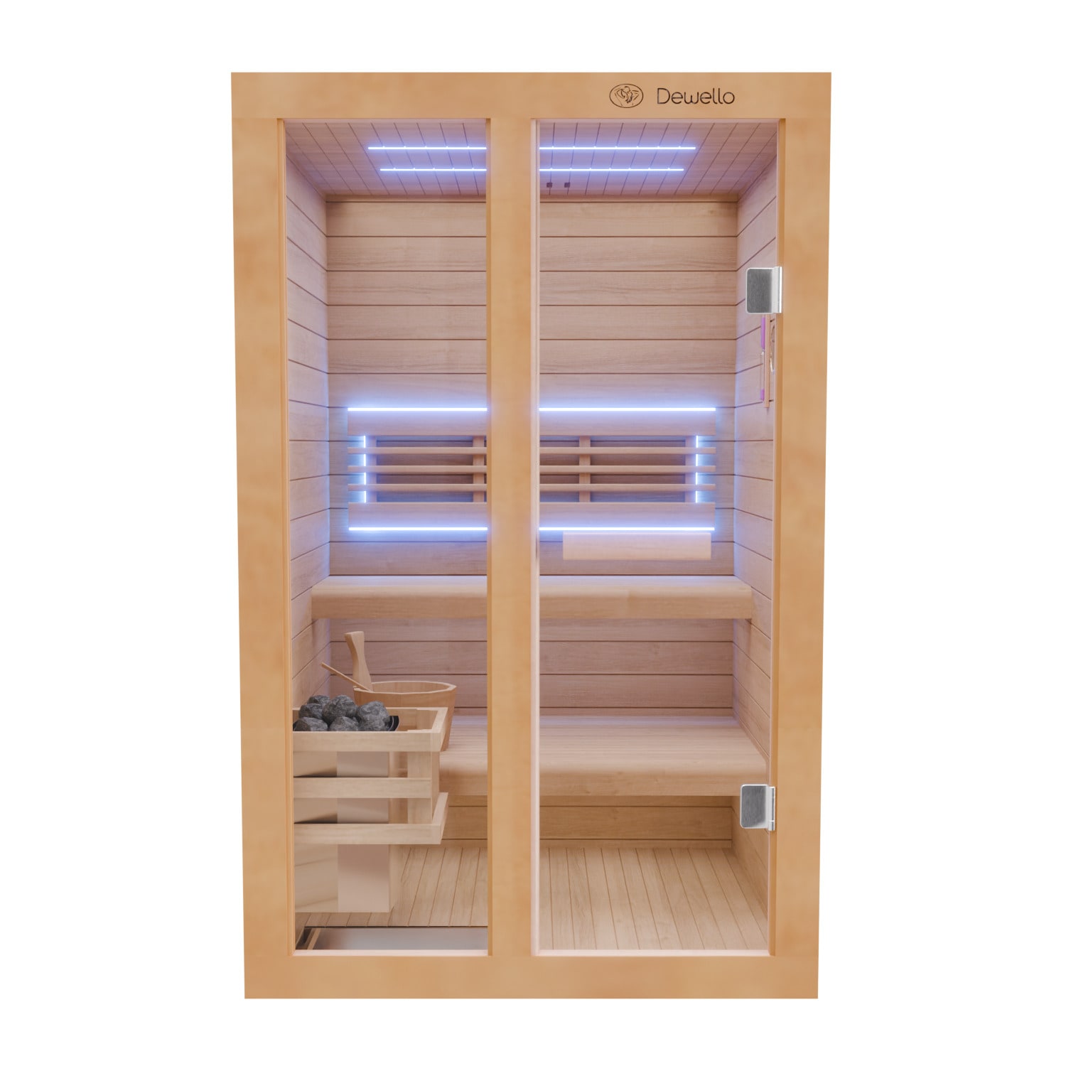 Dewello Finnische Sauna TOFINO 120x140 Kabine aus Hemlock Tannenholz mit 3,5 kW Harvia Ofen, inkl Sauna Set
