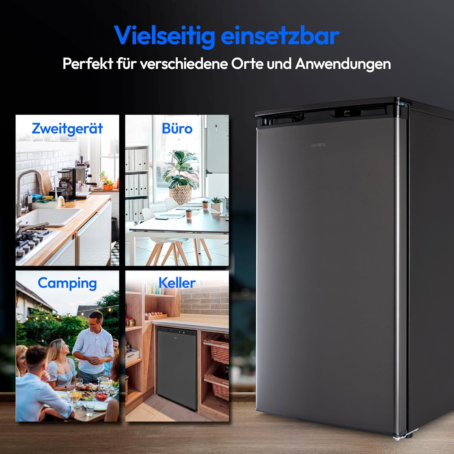 MEDION Gefrierschrank (64 Liter, 85cm hoch, 3 transparente Schubladen, Türanschlag wechselbar, MD37688) grau