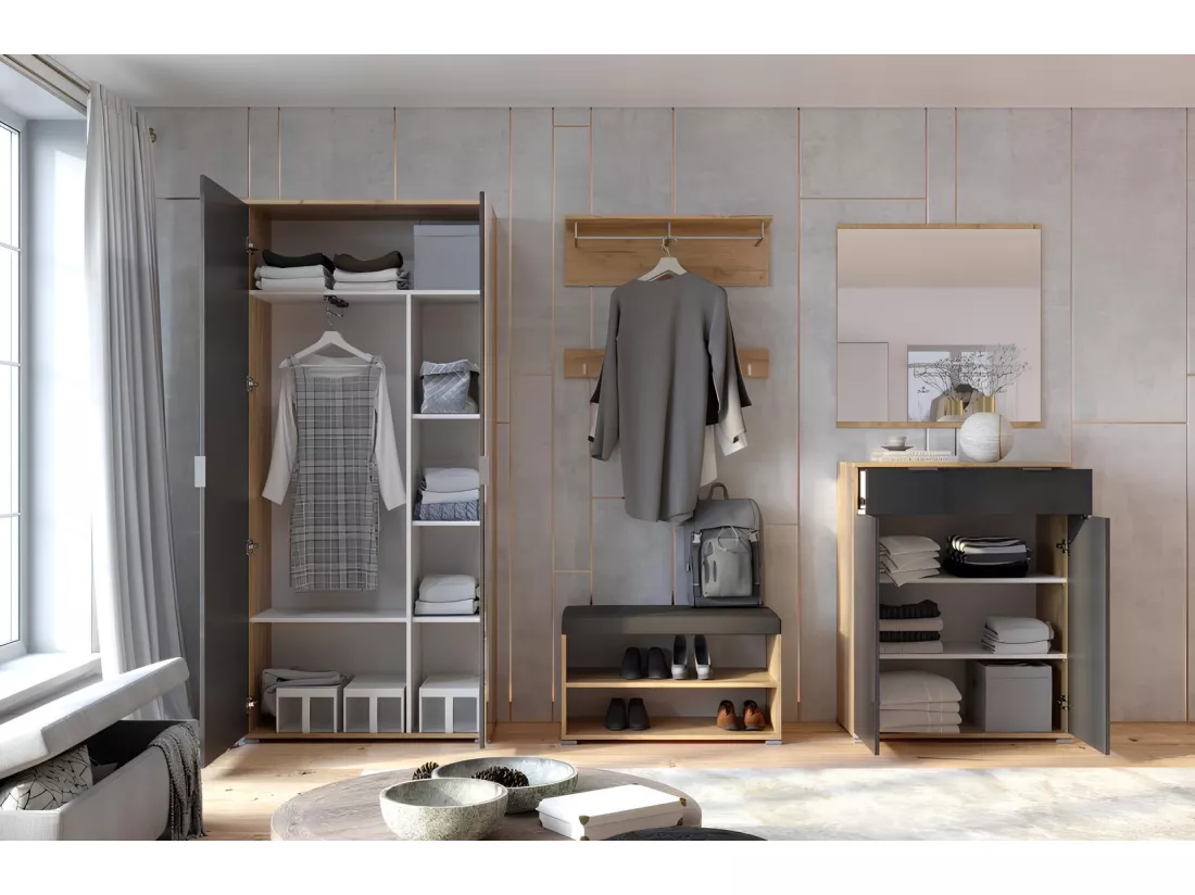 Ensemble d'entrée vestiaire avec miroir, commode, armoire et banc chaussures LUNE chêne-lave 2,2 m