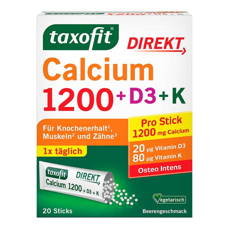 Taxofit Calcium 1200 + D3 + K Direkt Sticks, 20 St