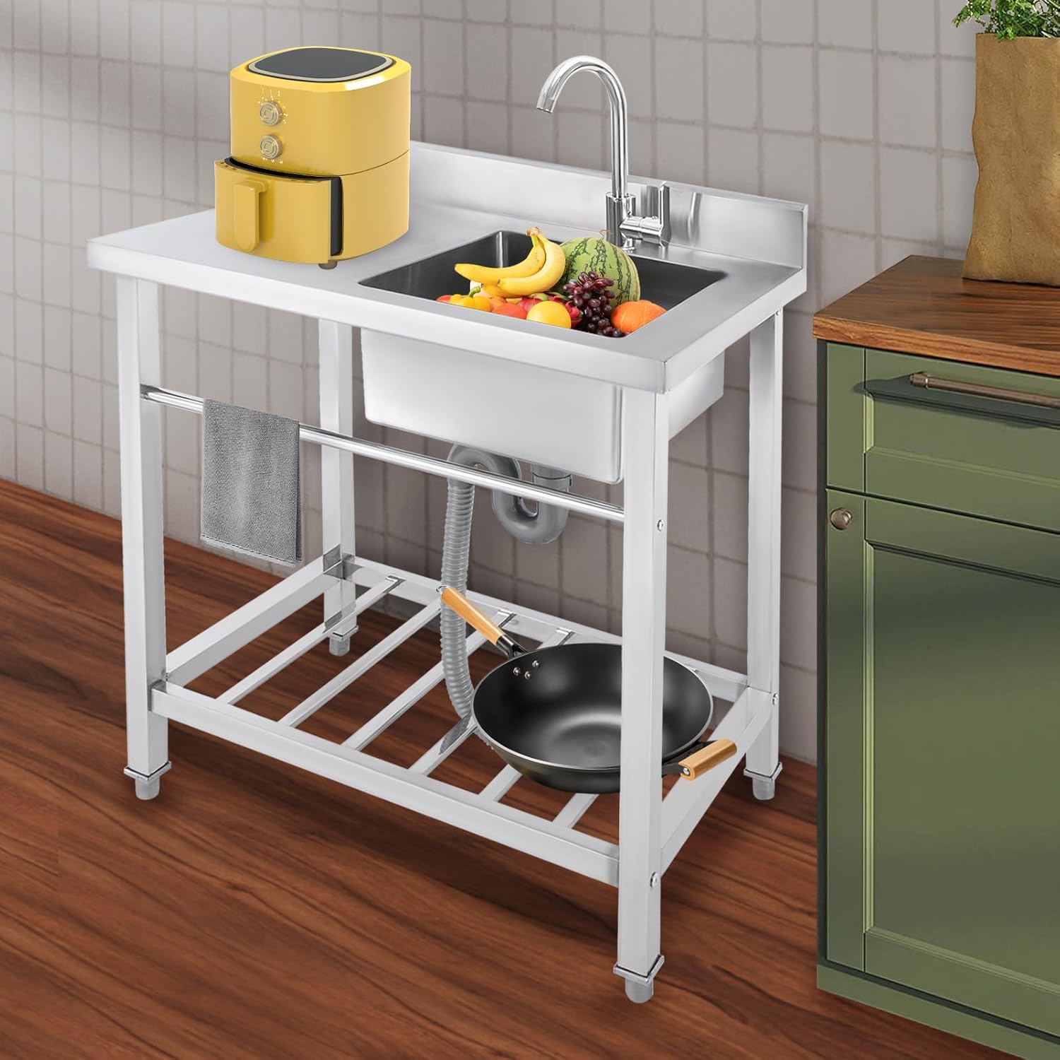 Freistehende Küchenspüle Edelstahl Spültisch Edelstahlspüle Freistehend mit Wasserhahn KüchenspüLe mit Unterschrank Edelstahl Multifunktionswaschtisch Spültisch 1 Becken 80 x 55 x 84cm
