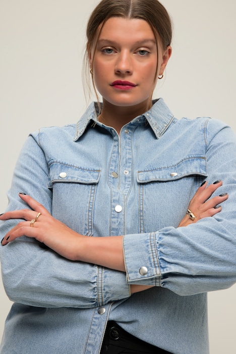 Jeanshemd, Loose Fit, Kragen mit Glitzersteinchen, Langarm