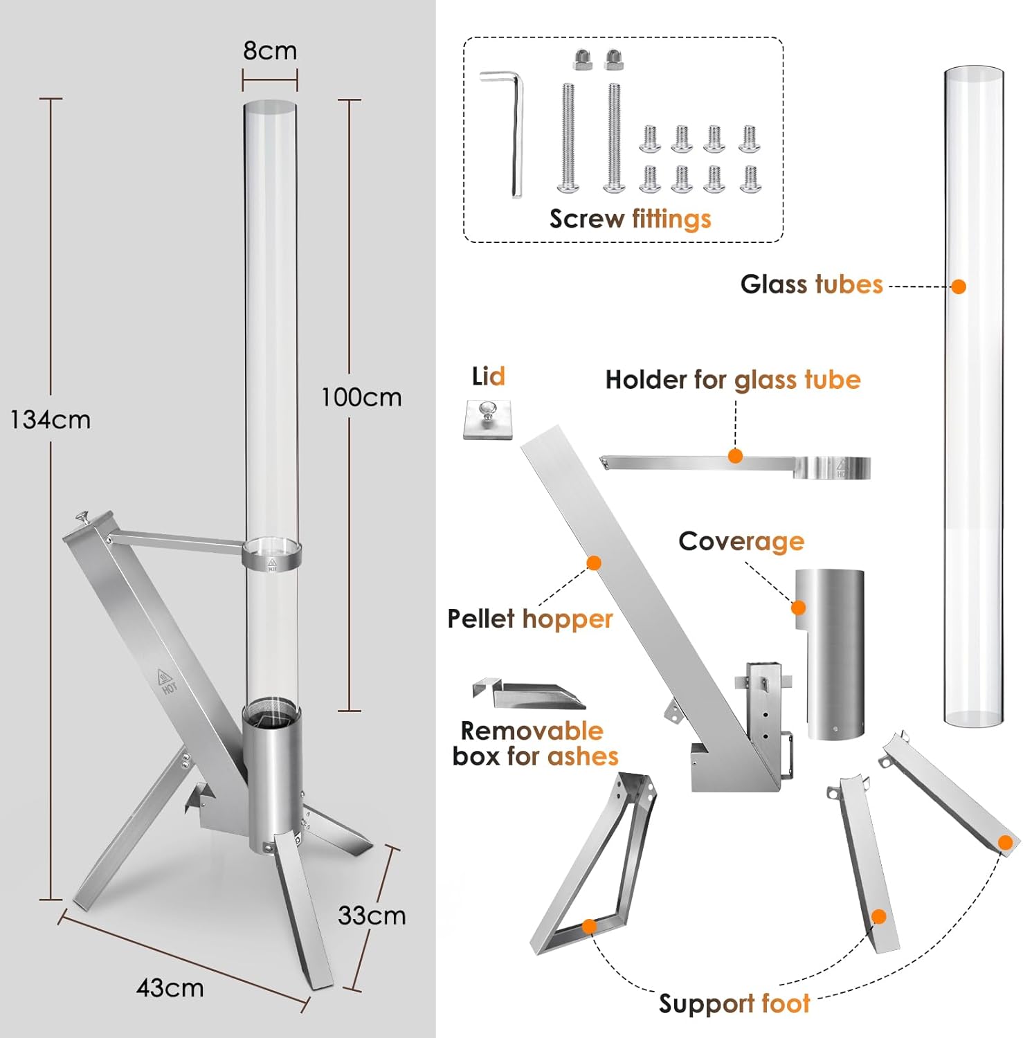 CTSC Outdoor-Pelletofen, Pelletofen für Terrasse mit 100 x 8 cm Glasrohr, fügt Raumlicht und Ambiente für Veranda, Terrasse, Garten & Hinterhof hinzu