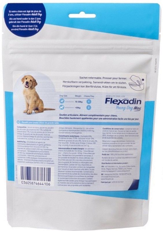 Flexadin Young Dog Maxi - voedingssupplement ter ondersteuning van gewrichten voor jonge honden vanaf 10kg (60 Kauwbrokjes)