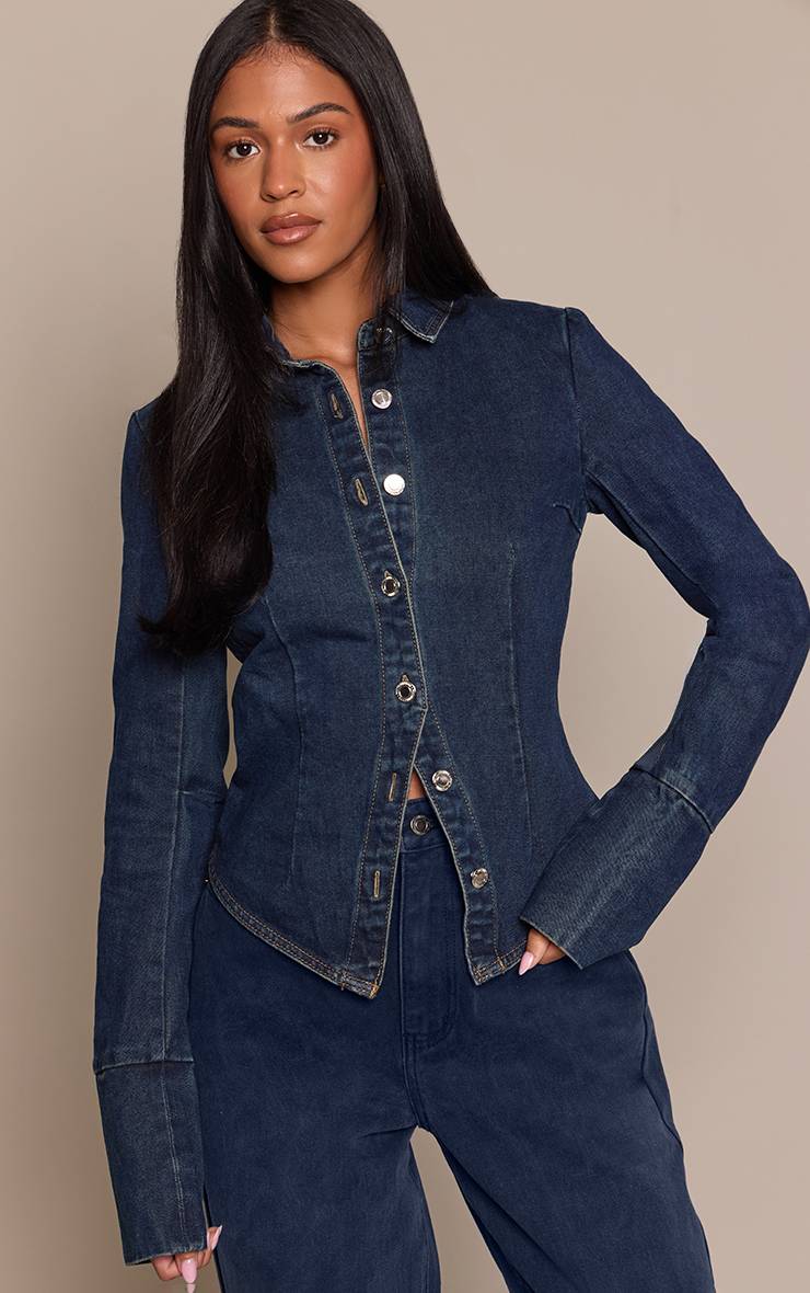 Bleu Indigo Foncé Veste En Jean Cintrée À Manches Longues Pour Grande Taille