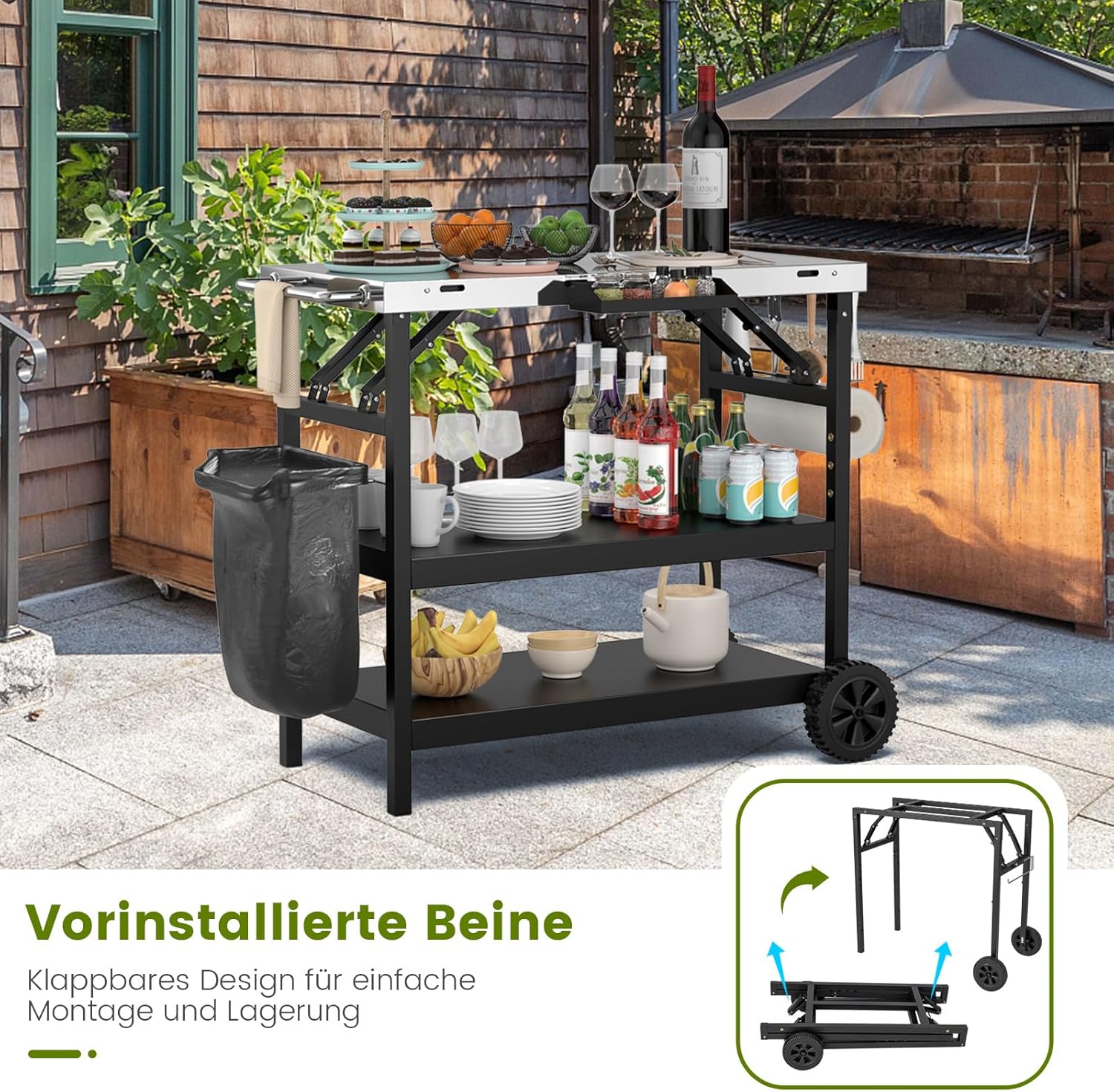 COSTWAY Grilltisch mit 3 Ablagen, Grillwagen mit Verstellbarer Ablage, Telefonständer, Gewürzregal, Handtuchhalter, Taschentuchhalter & Haken, Outdoor Servierwagen Beistelltisch