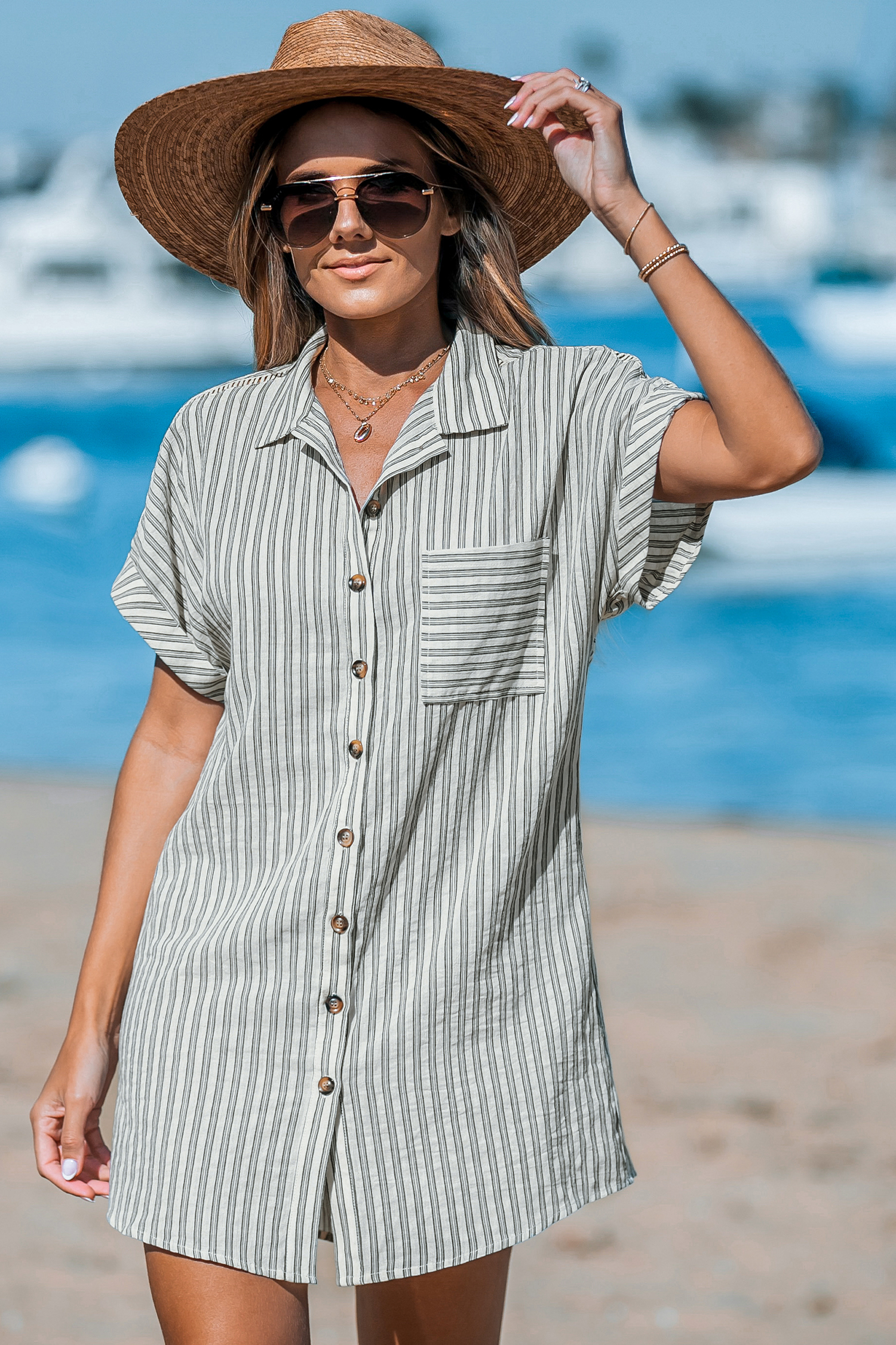 Robe cover up en pur coton mini avec col chemise à rayures