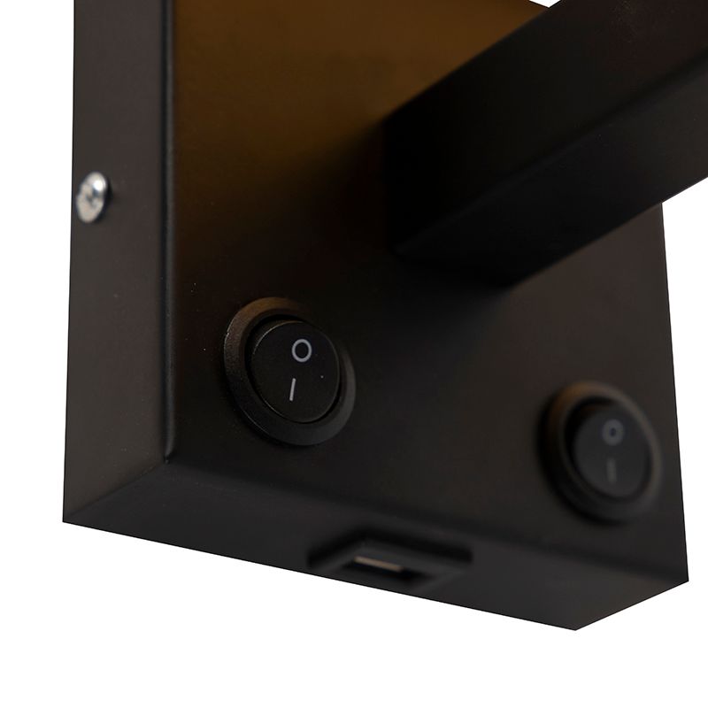 Moderne wandlamp zwart met USB en vierkante zwarte kap - Zeno