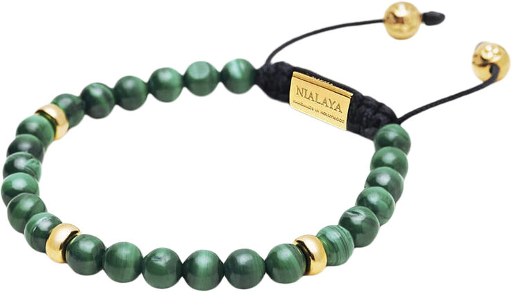 Nialaya Men's Beaded Bracelet with Malachite and Gold Plating Green