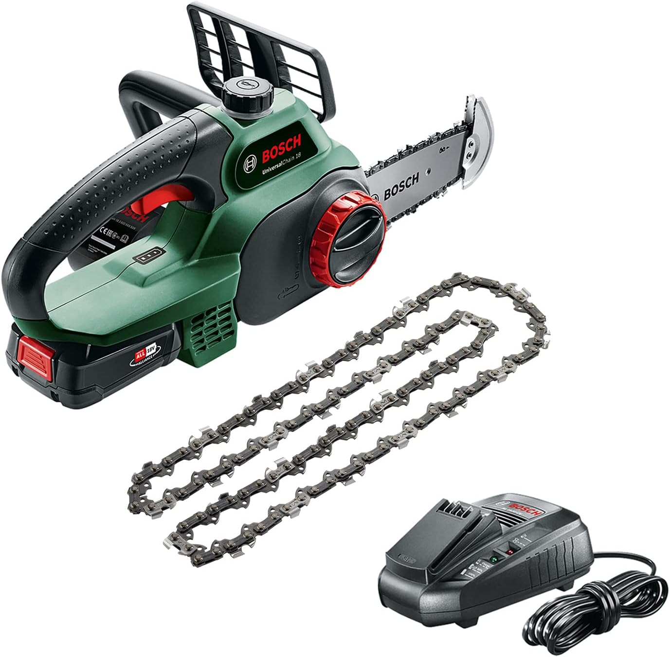Bosch Akku Kettensäge UniversalChain 18 (1 Akku, 18 Volt System, im Karton) + Bosch Ersatzkette (für UniversalChain 18, in Blisterverpackung)
