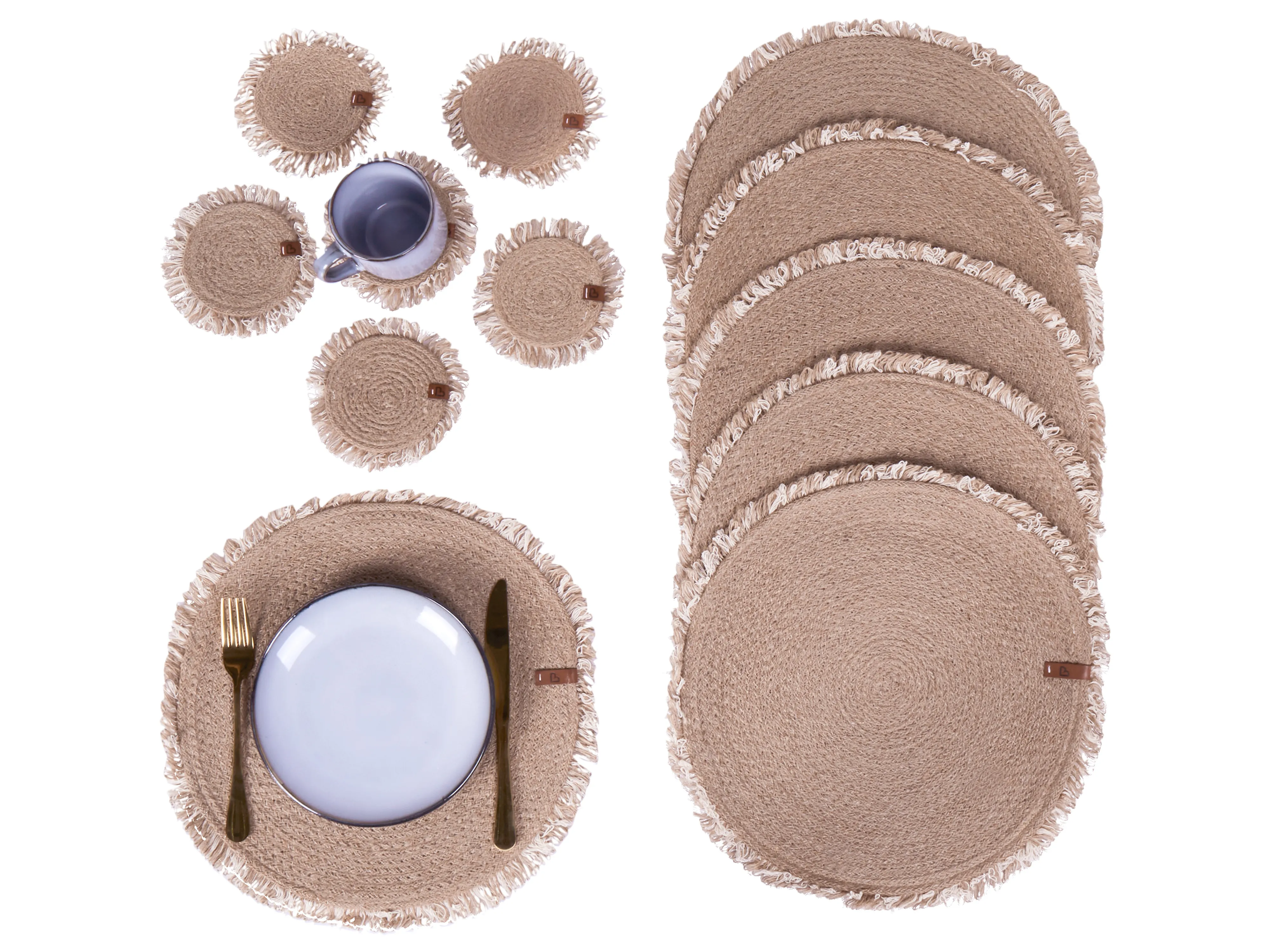 Placemats en onderzetters set RIBBERY Natuurlijk Jute