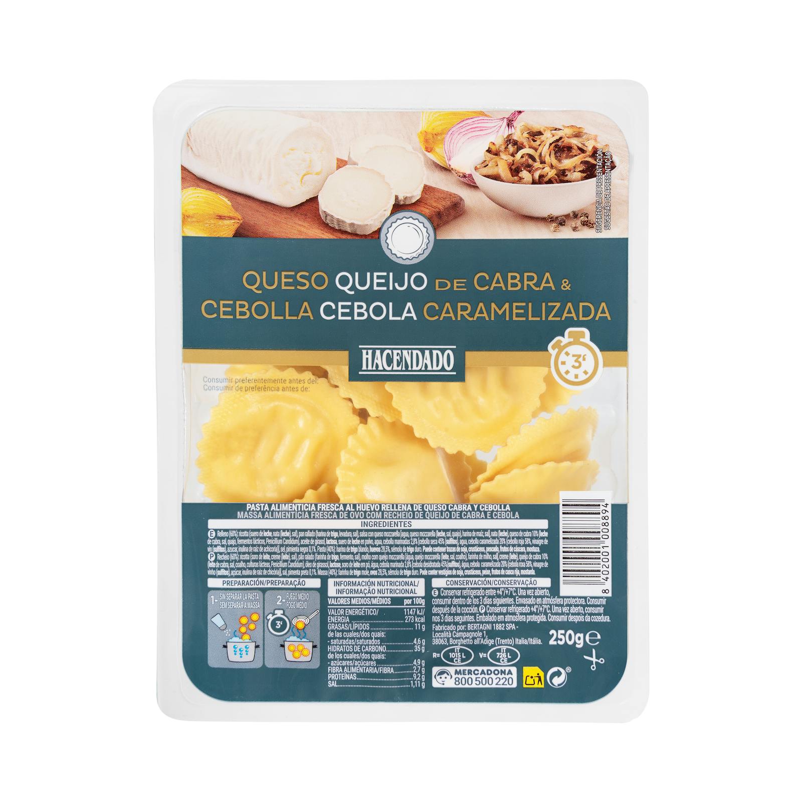 Pâtes fraîches aux tournesols, fromage de chèvre et oignons caramélisés de Hacendado
